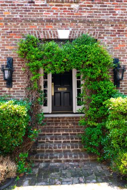 Sarmaşıkla kaplı tuğla bir duvarda kapı ve antika bir kapı..