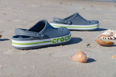 Timsahlar parmak arası terliklerini okyanus kıyısında deniz yıldızı ve deniz yıldızının yanında yatar..