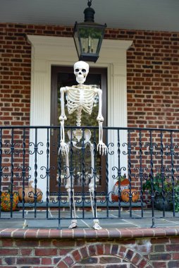 Ön kapıdaki iskeletler Amerika 'da geleneksel cadılar bayramı süslemeleridir..