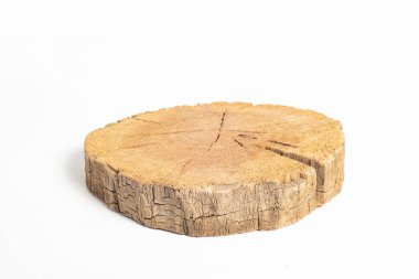 Tahta bir kütüğün kırık halkası. Beyaz arkaplanda yakın plan.