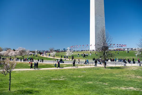 stock image Tourists at the Washington Memorial in Washington D.C. on a sunny day.