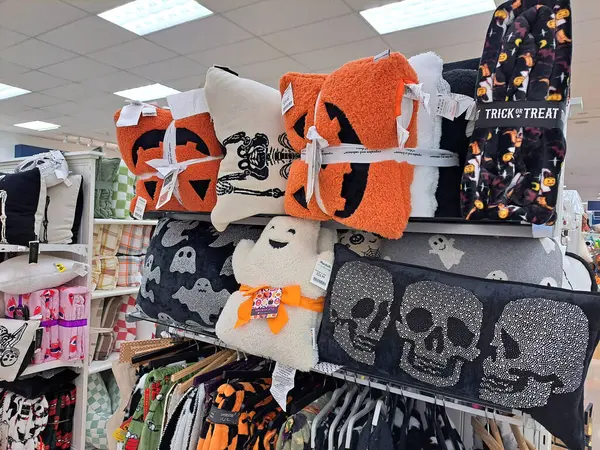 stock image Halloween decorated pillows on a supermarket counter.