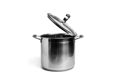 Cam kapaklı uzun paslanmaz çelik kap beyaz arka planda yalıtılır..