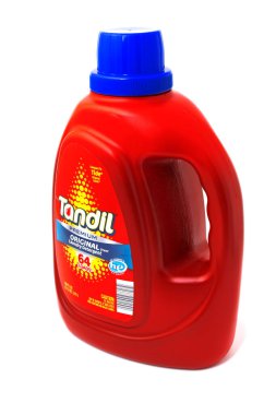 Tandil liquid household laundry detergent in red bottle on white background. clipart