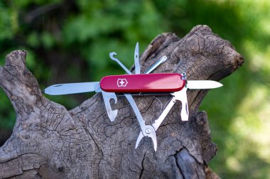 Victorinox Spartan İsviçre çakısını taştan arka planda katlıyor