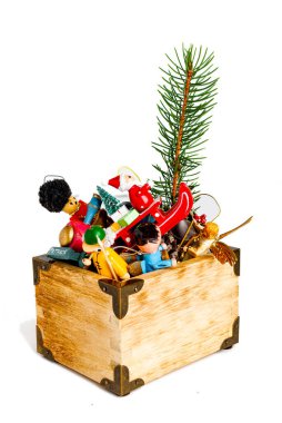 Wooden box with vintage, Christmas tree toys on white background. clipart