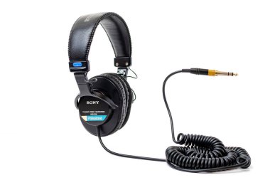 Sony mdr 7506 headphones and jack plug for studio sound monitoring. Isolated on a white background. clipart