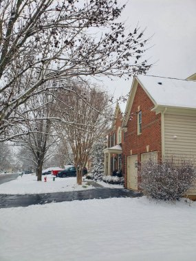Kar yağışı ve tipiden sonra kar Leesburg, Virginia 'nın evlerinde ve ağaçlarında yatar..