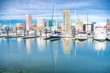 Baltimore 'daki gökdelenlerin arka planına karşı yatlar. Şehrin iç limanı..