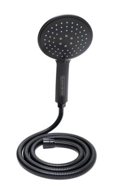 Siyah plastik duş başlığı ve Black & Becker 'ın meme ucu kıvrılmış hortumu..