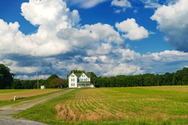 Ön bahçesinde büyük bir çim biçme tarlası olan iki katlı bir çiftlik evi. Mavi bulutlu gökyüzünün altındaki manzara.