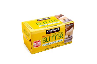 Packaging of Kirkland unsalted sweet butter sticks.  Isolated on a white background. clipart