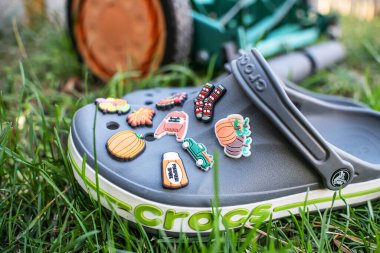 Çimlerde ve Jibbitz dekorasyonlarında bir çift gri köpük timsahın yakın çekimi..