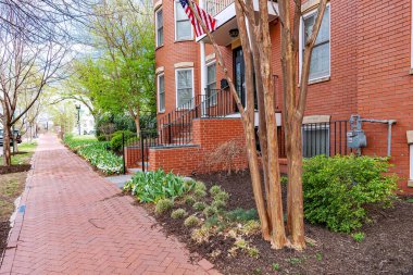 Washington, D.C. 'deki Tarihi Townhouse Mimarisi, Verandalı Brick Colonial Townhouse ve Girişteki Peyzaj.
