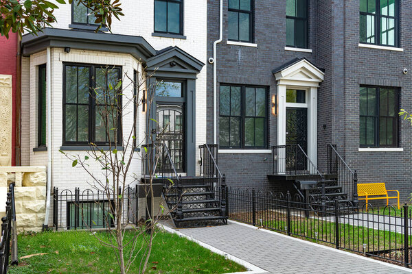 Historic townhouse architecture in Washington, D.C., USA. Residential brick row houses in the US capital.