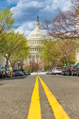 Washington, D.C. 'deki Amerikan Kongresi' ne giden yolda sarı şerit ayrılıyor.