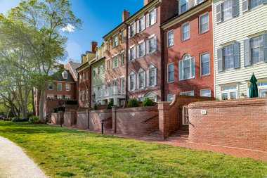 Yeşil çimenli, modern tuğlalı bir ev. Annapolis rıhtım yerleşim alanı geliştirme.
