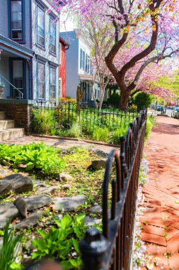 Çevresi manzaralı tuğla evler boyunca kırmızı tuğladan kaldırım.