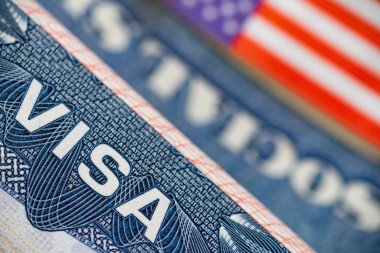 ABD sembolleri ve belgelerinin resmi. Sosyal güvenlik kartı. ABD Vize ve Bayrağı.