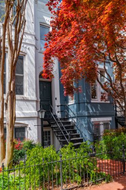 Washington DC 'nin yerleşim bölgesinde demir merdiveni olan tuğladan bir eve açılan siyah kapı.