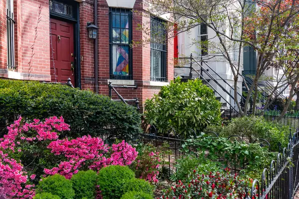 Washington DC 'deki kırmızı tuğlalı ev girişinde güzel bir peyzaj var..