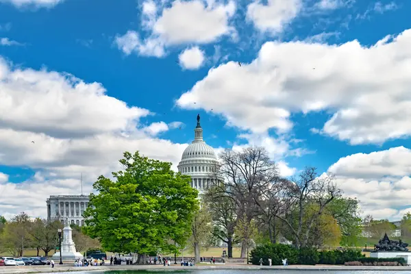 Washington 'daki Birleşik Devletler Kongre Binası. Capitol, bulutlu mavi gökyüzünün altında yeşil ağaçlarla çevrilidir..