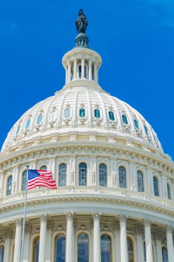 Washington 'daki başkentin kubbesi ve rüzgarda uçan Amerikan bayrağı..