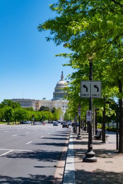 Pennsylvania Bulvarı 'ndan Washington' daki ağaç yaprakları arasından Capitol Binası 'nın görüntüsü..