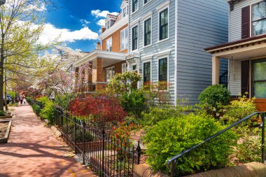 Washington DC 'nin göbeğindeki renkli evler. Iconic Capitol Hill caddesi, zamansız cazibesiyle.