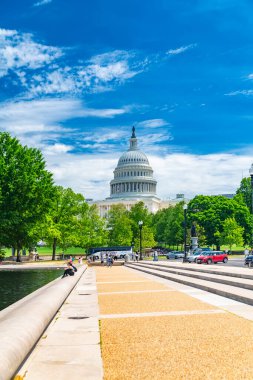 Washington 'daki Capitol binasına giden yol yeşil ağaçlarla çevrili. Yaz ve mavi gökyüzü.
