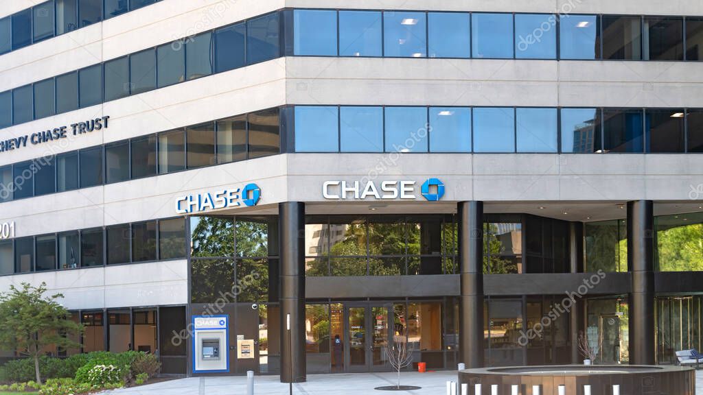 Main entrance to the Chase Bank Branch with lettering above the entrance in Tysons, Virginia.