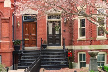 Çift kapılı cephe. Sokak evleri, tuğla kaldırım, Washington, DC