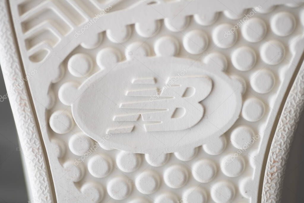 New Balance logo on the rubber sole of a New Balance sneaker
