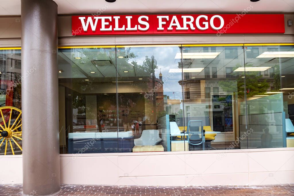 Glass storefront at the Wells Fargo Bank in downtown Washington DC.