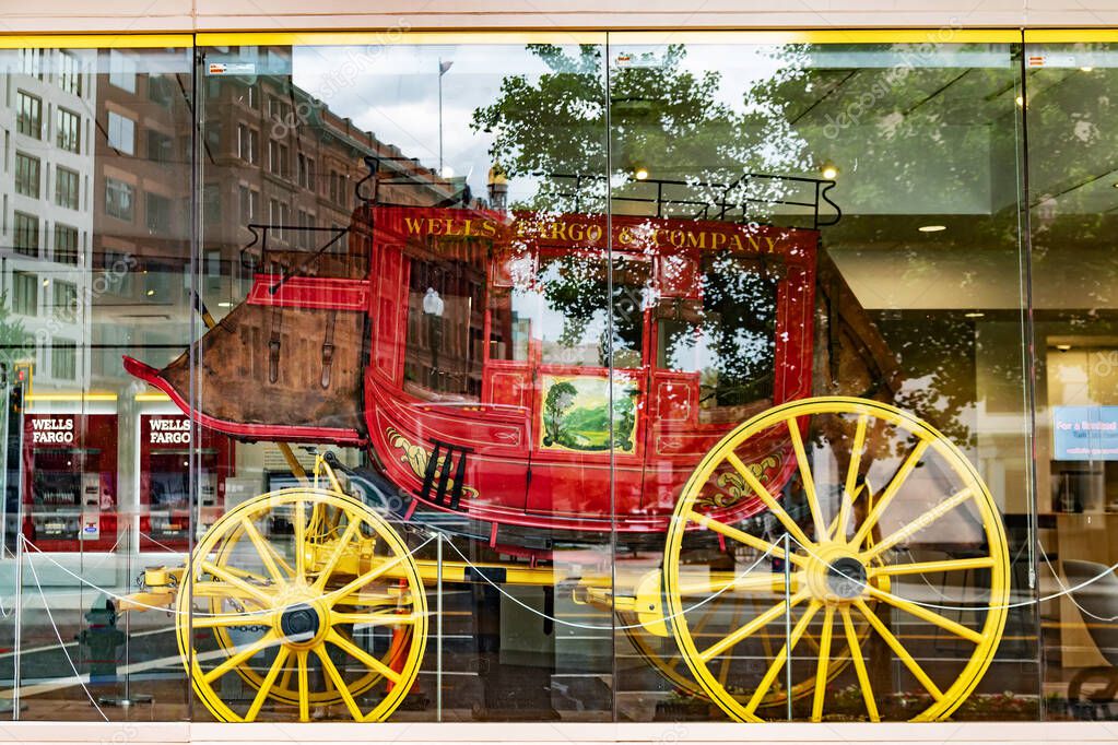 Glass display case with an antique carriage house at Wells Fargo Bank in downtown Washington DC.