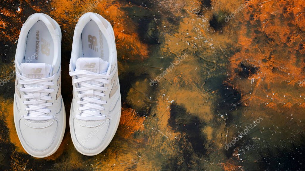White New Balance 300 sneakers top view.Place for text