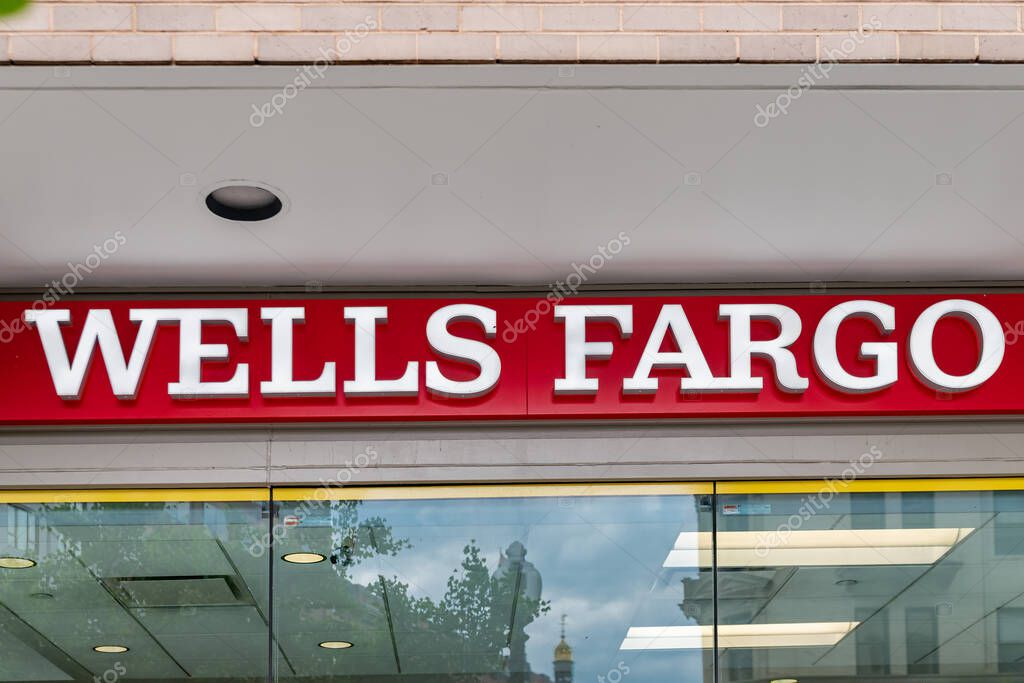 Glass display case labeled Wells Fargo at the Wells Fargo Bank in Washington DC.