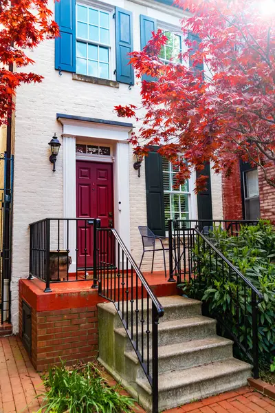 Washington DC 'deki klasik Brick Townhouse girişi. Zarif merdivenler ve demir parmaklıklar..