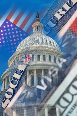 Amerikan bayrağı, vizesi, sosyal güvenlik ve para birimi ABD Kongre Binası 'nın arka planına karşı..