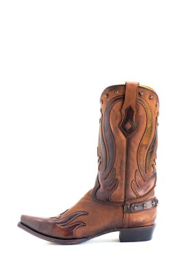 Ebedi Batı Zarafeti. Kalıtımsal desenli ileri moda deri çizme. beyaz arkaplan.