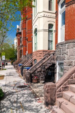 Capitol Hill Caddesi Manzarası. Tarihi binalar ve çiçek açan ağaçlarla huzurlu bir yerleşim yeri..