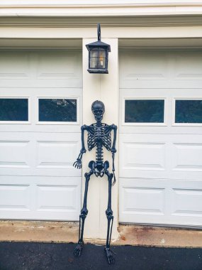 İskelet figürleriyle Cadılar Bayramı Gösterimi. İskeletleri ve ürkütücü dokunuşları olan cesur bir bahçe sahnesi. 