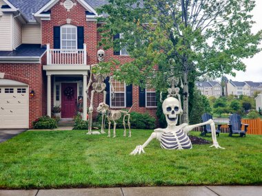 Komik Cadılar Bayramı Bahçesi Gösterimi. Banliyö çimlerinde iskeletleri olan ürkütücü tatil dekorasyonları..