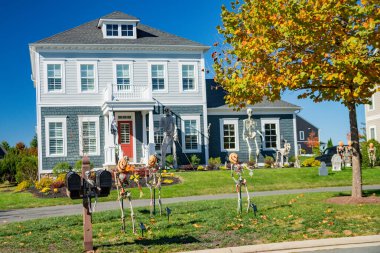 Komik Dev İskelet Cadılar Bayramı Bahçesi Gösterimi. Banliyöde büyük iskeletleri olan ürkütücü tatil dekorasyonları.. 