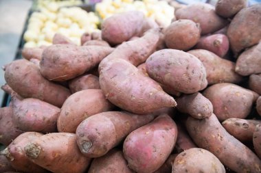 Taze organik patateslerle dolu köylü çiftlik tezgahları, mutfak yemekleri için sağlıklı sebze hasadı, 