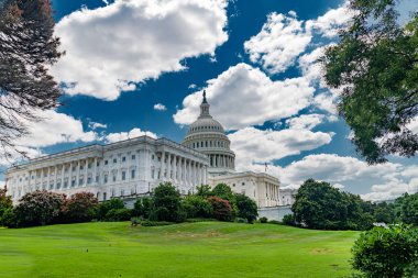 Canlı yeşil çimlerle Amerikan Kongre Binası 'nın dış görünüşü. DC 'nin kalbinde siyasi güç ve yönetim.