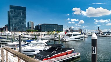 Lüks yatları, yelkenlileri, deniz manzaralı gökdelenleri ve açık mavi yaz gökyüzü olan modern Baltimore marinası..