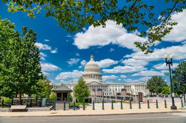 Capitol Hill önü ağaçlarla dolu aydınlık bir günde. Birleşik Devletler Kongresi mavi gökyüzünün altında dimdik ayakta duruyor..