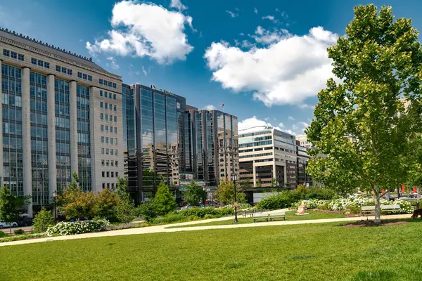 Ağaçlarla, kaldırımlarla ve güneşli mavi gökdelenlerle dolu şehir merkezi.