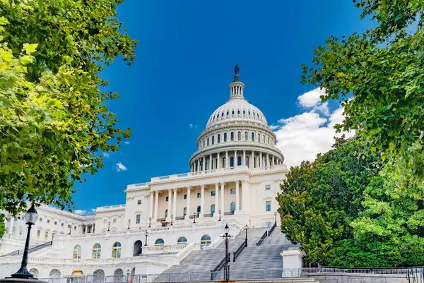 Majestic Capitol Kubbesi yaz ağaçlarıyla süslenmiş. Başkent bulutların altında parlıyor..
